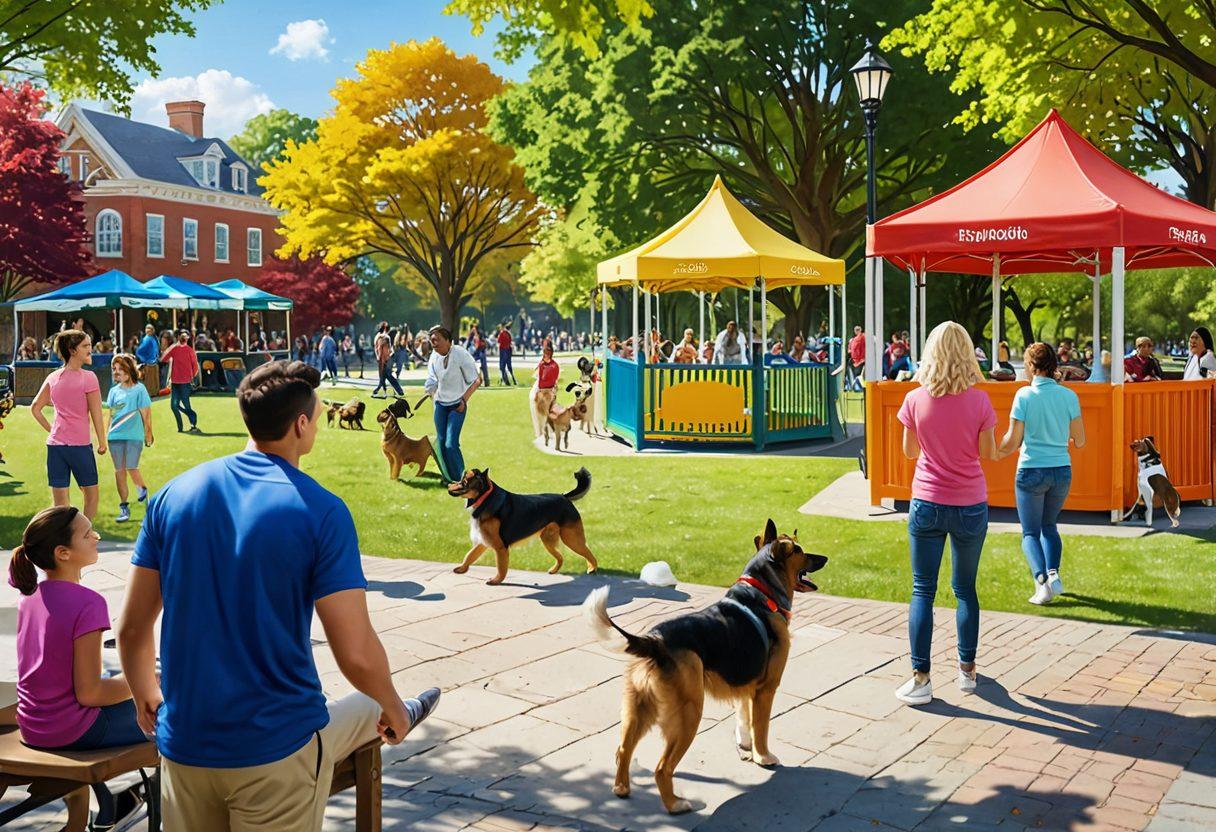 A joyful scene of diverse dog breeds playing in a vibrant park, owners engaged in friendly conversations, while a trainer demonstrates a trick in the background and a welcoming adoption booth draws attention. super-realistic. vibrant colors. warm and friendly atmosphere.