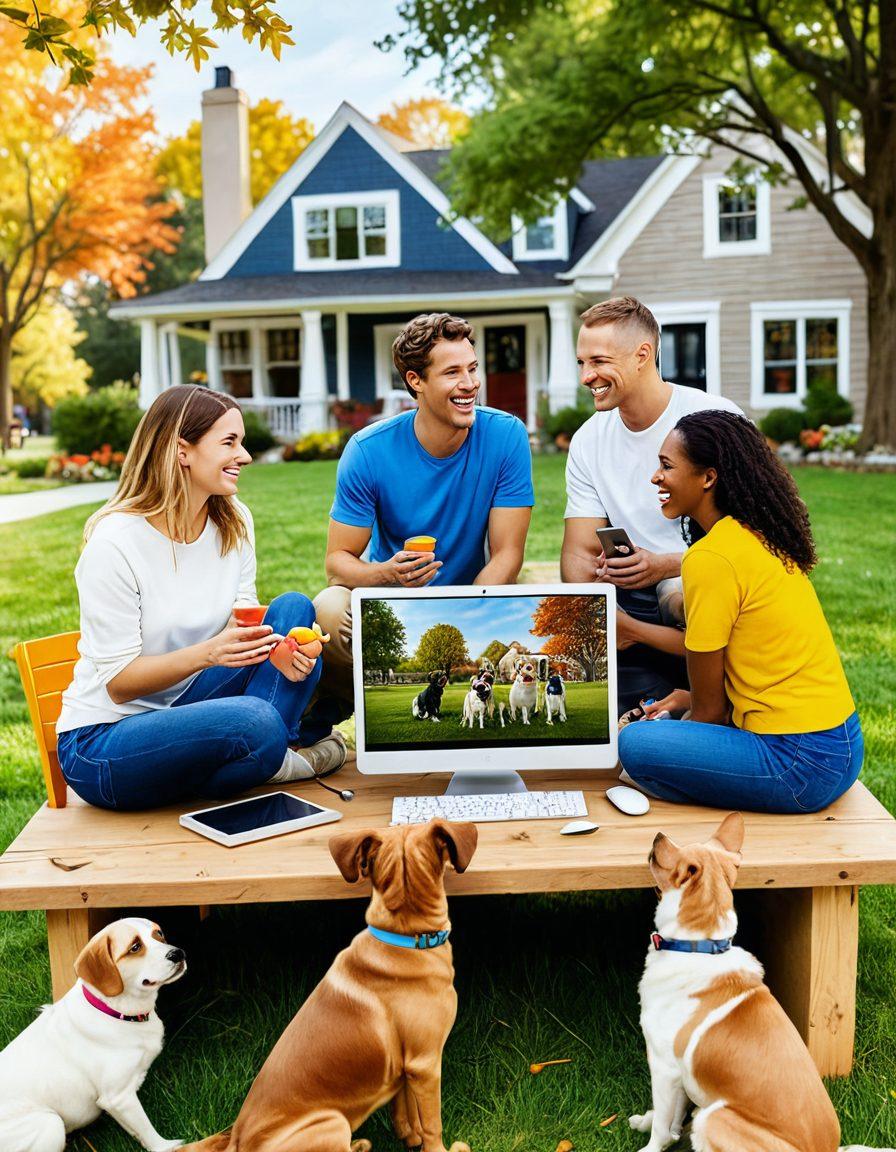 A diverse group of happy dog enthusiasts joyfully interacting with their dogs in various settings: a cozy home with puppies, a park with energetic dogs playing fetch, and a computer screen showcasing a lively dog forum. The scene should be vibrant and engaging, capturing the warmth and community spirit. super-realistic. vibrant colors.