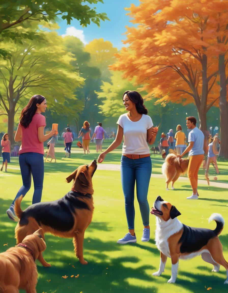 A joyful scene at a sunny park where people are happily interacting with various dog breeds, some playing fetch, others sharing treats, and a group of dogs socializing. Include diversity in dog types and people, with playful expressions and bright, vibrant colors. Highlight a sense of community and unconditional love. super-realistic. vibrant colors.
